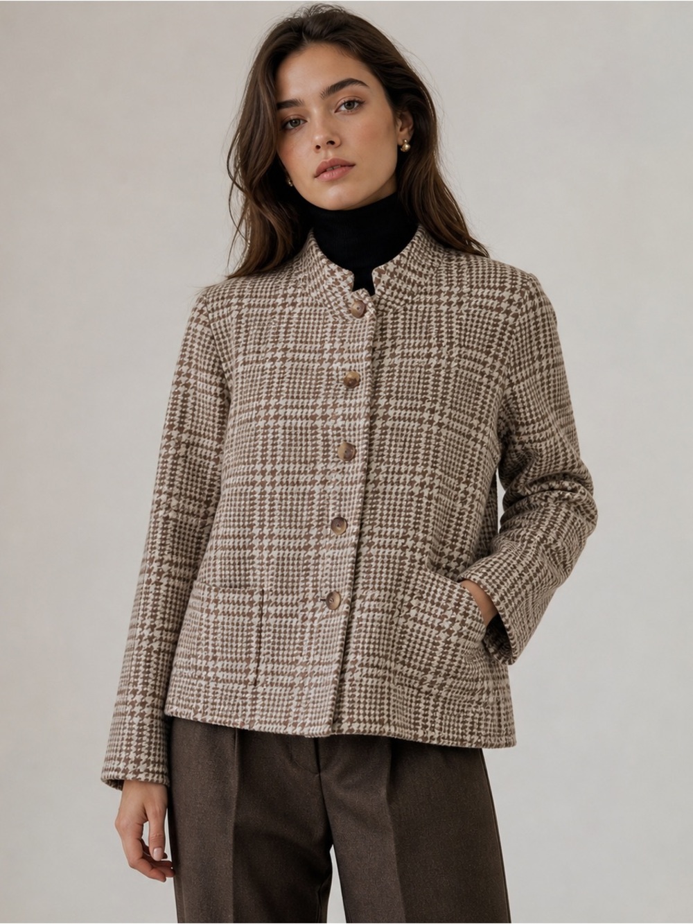 Vintage Y2K Ellen Tracy Funnel Neck Brown Houndstooth Blazer Jacket